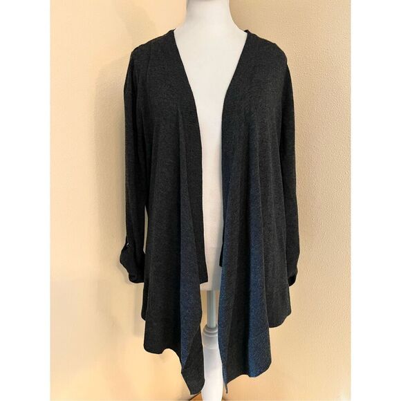 Ann Taylor Loft Heathered Dark Charcoal Gray Open Front Cardigan Large - Picture 7 of 8